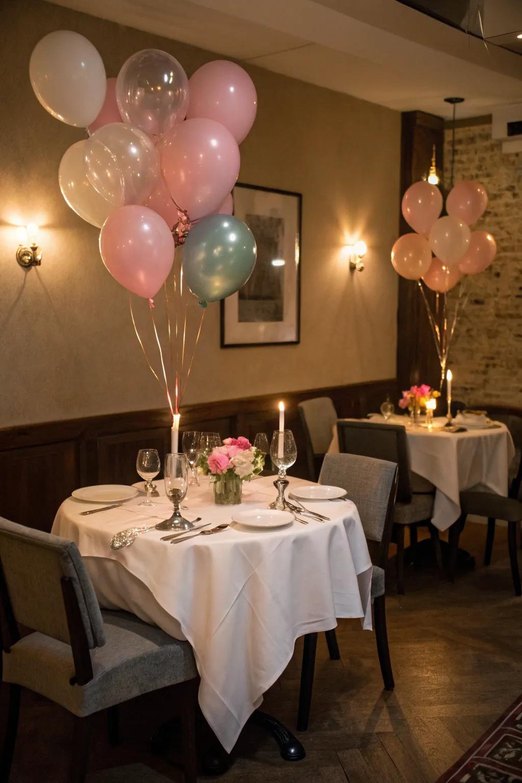 Private dinner setting with balloons and candlelight.