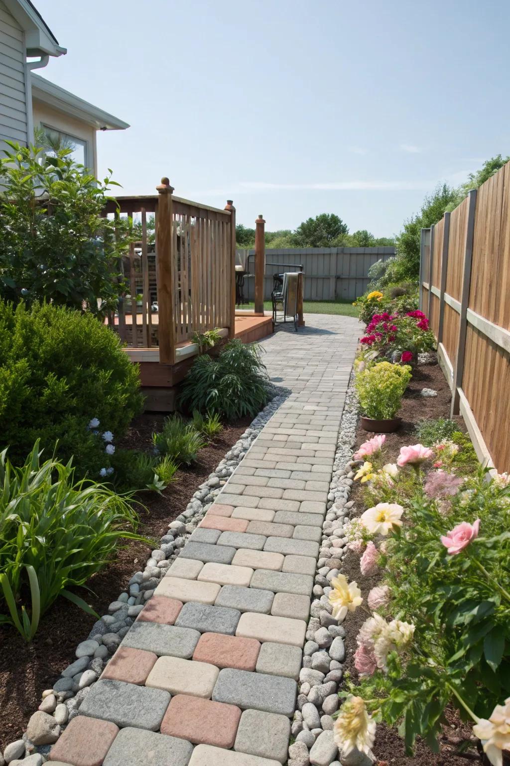 A stylish pathway enhances deck accessibility and charm.