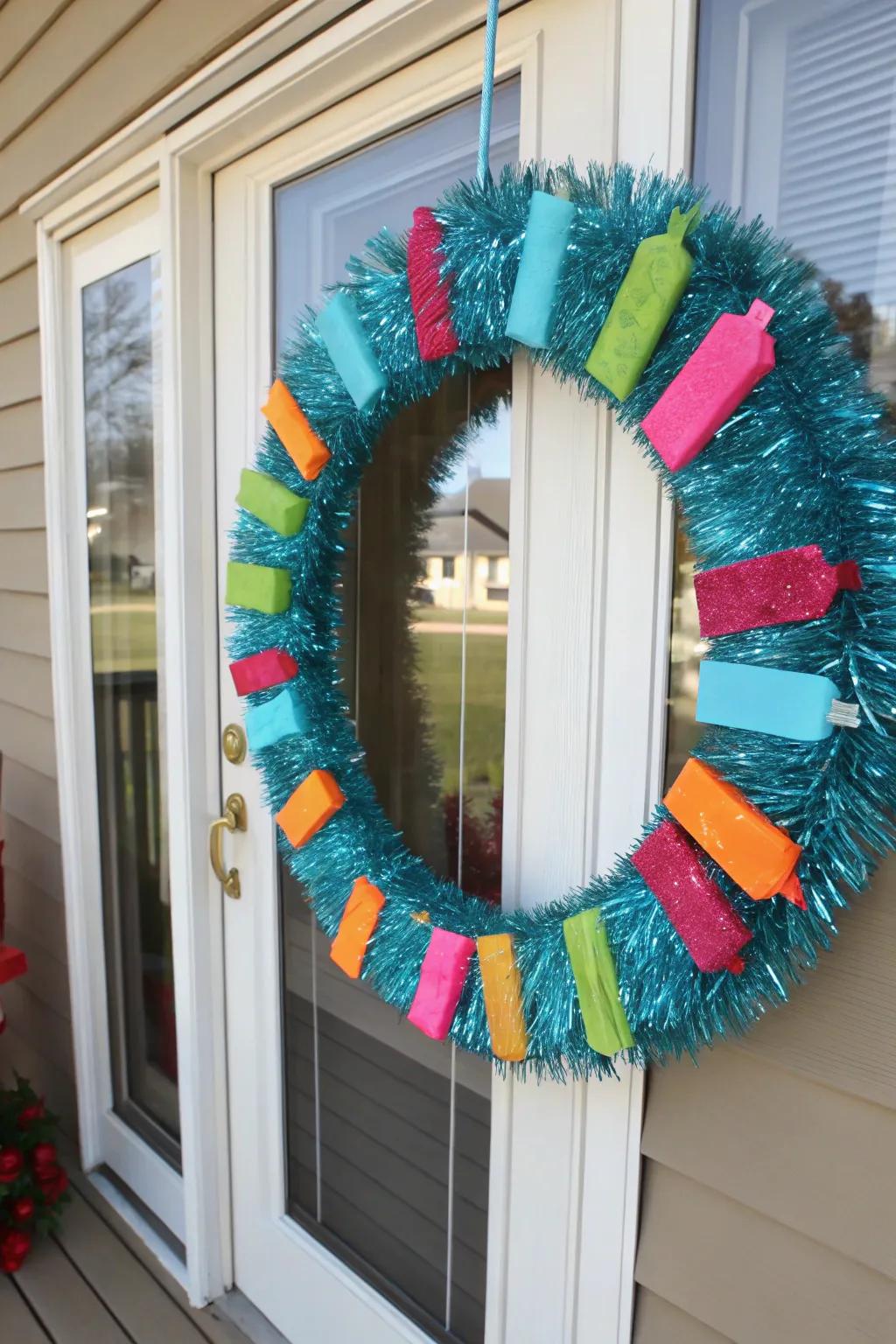 A fun and festive pool noodle and tinsel wreath thatâs perfect for parties.