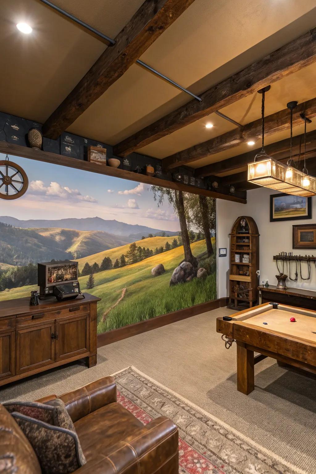 A custom mural adds a stunning visual element to your man cave.