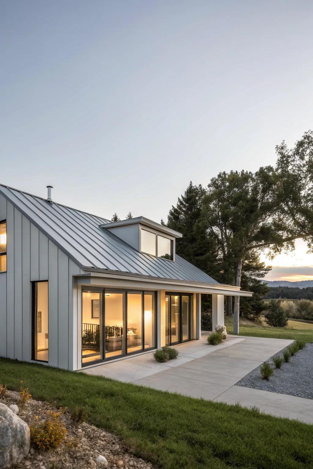 A minimalist home with a matte metal roof.