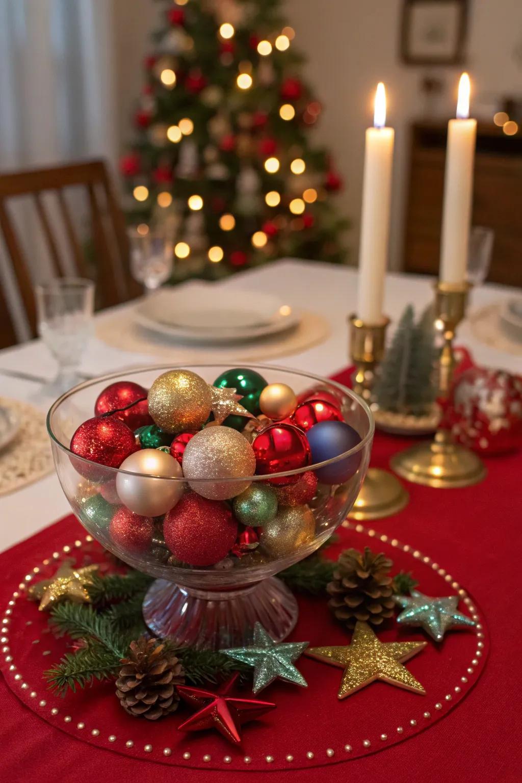 A vibrant ornament centerpiece adds a pop of color to the table.