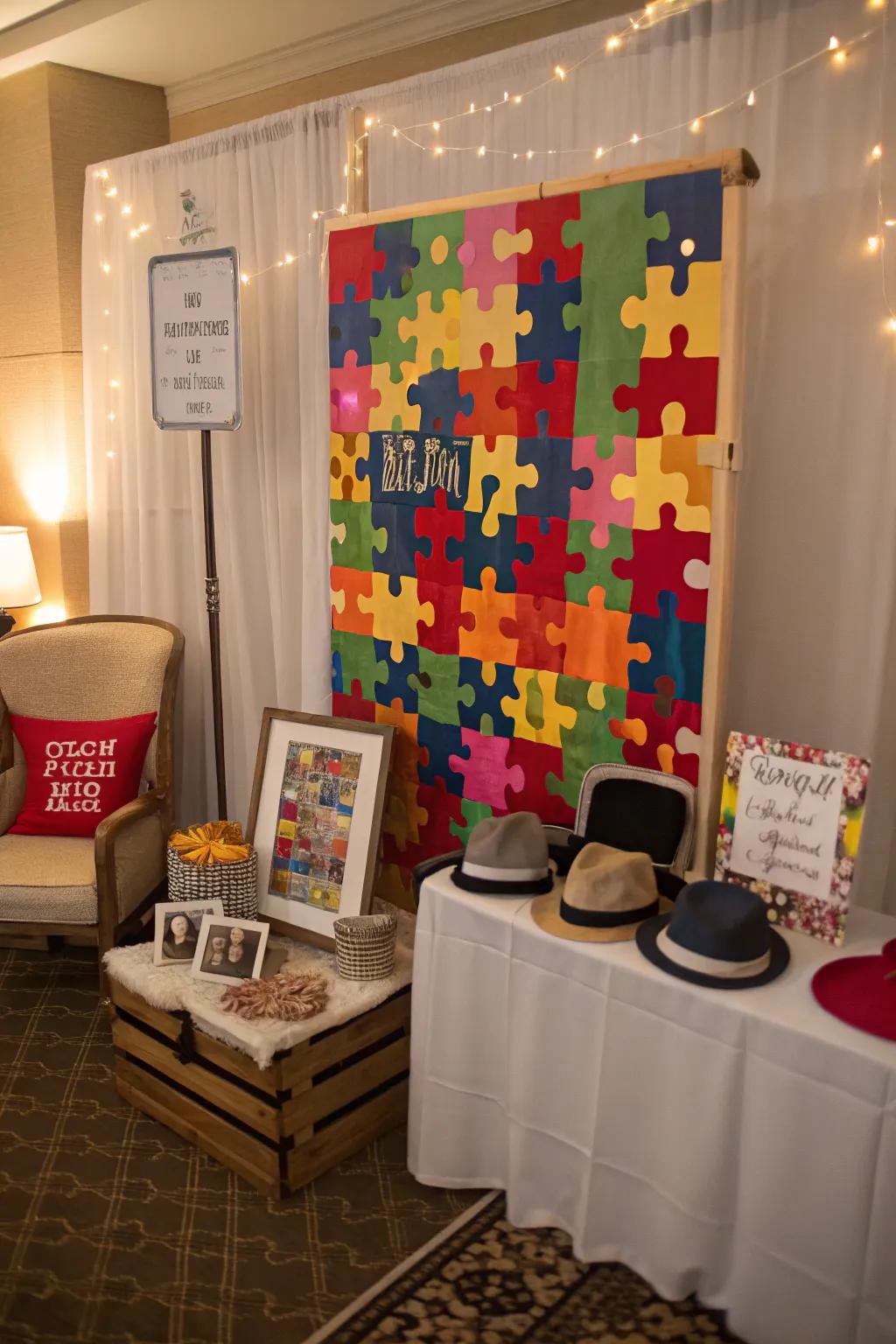 A puzzle-themed photo booth offers a fun way to capture party memories.