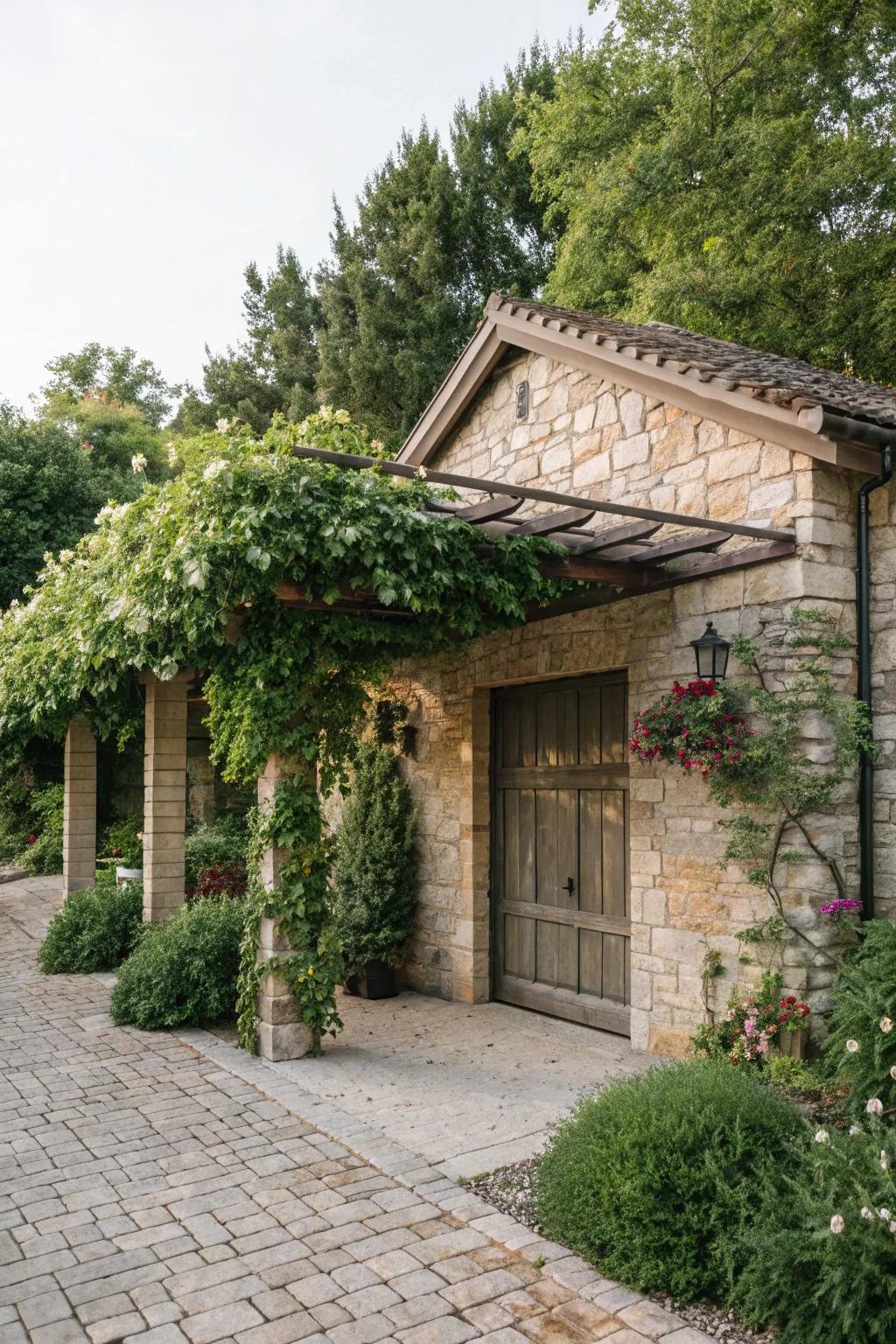 A pergola extends the garage's outdoor living space.