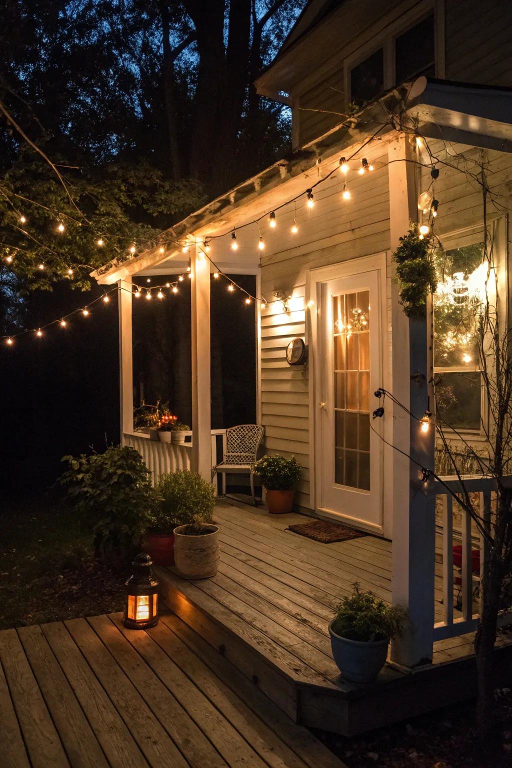 Soft lighting transforms your porch into an inviting evening retreat.