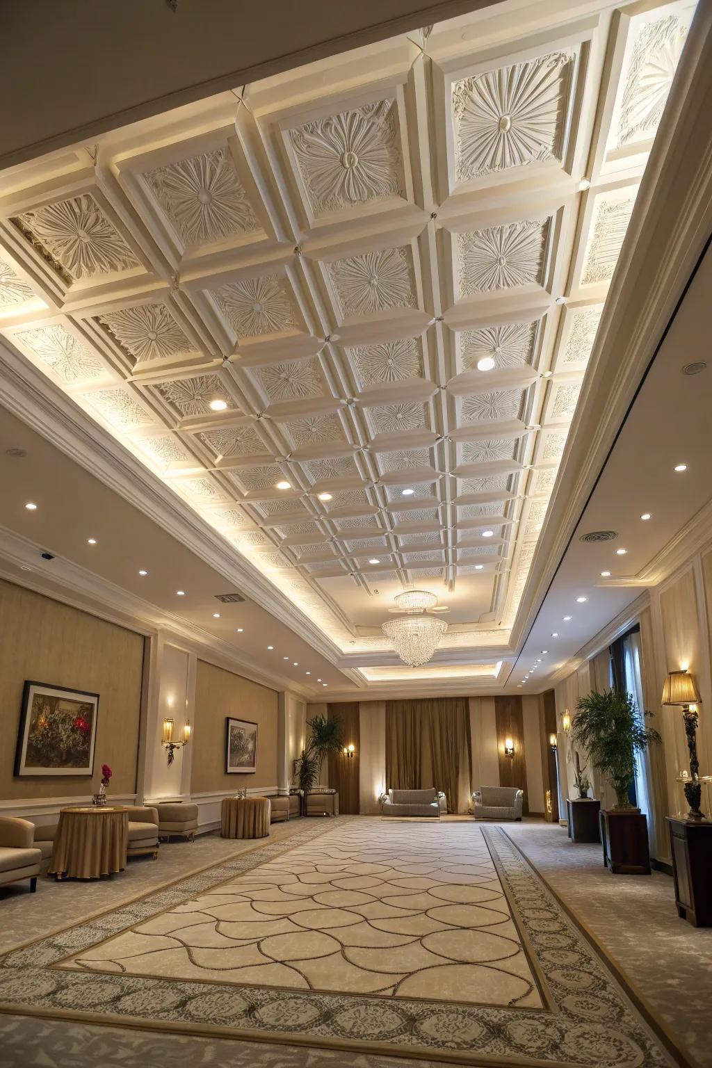 A panel accent ceiling adds drama to this spacious room.