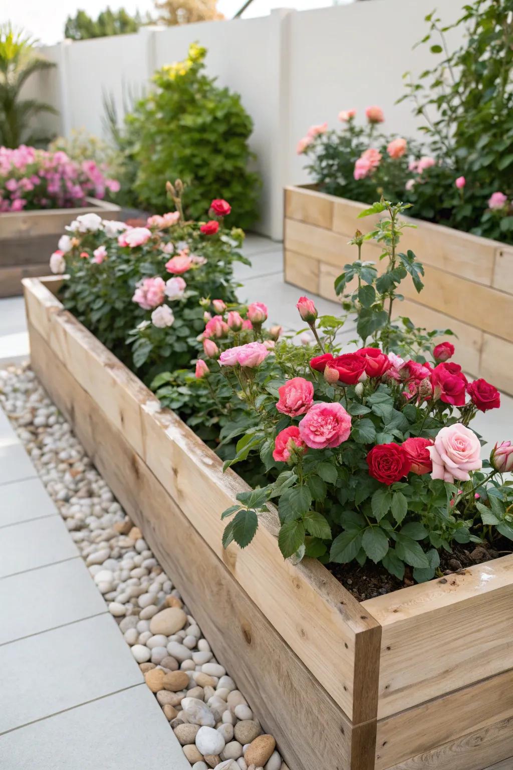 Elevate your garden's beauty with stunning roses in handcrafted raised beds.