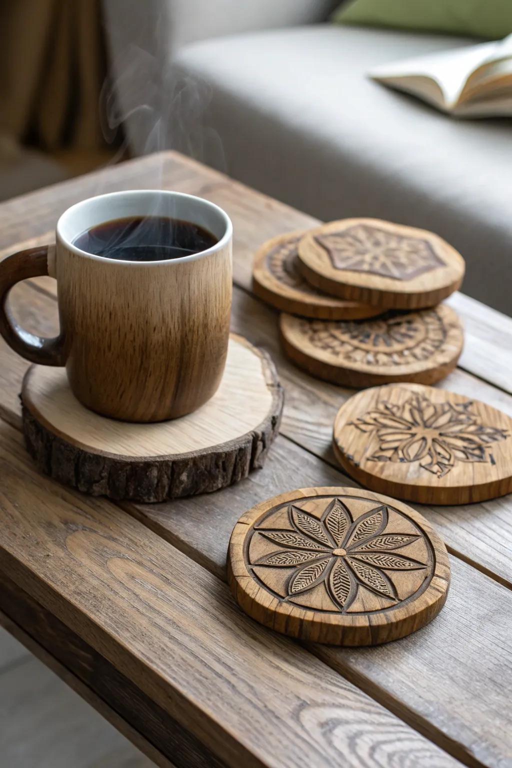 Rustic wooden coasters for a charming touch.