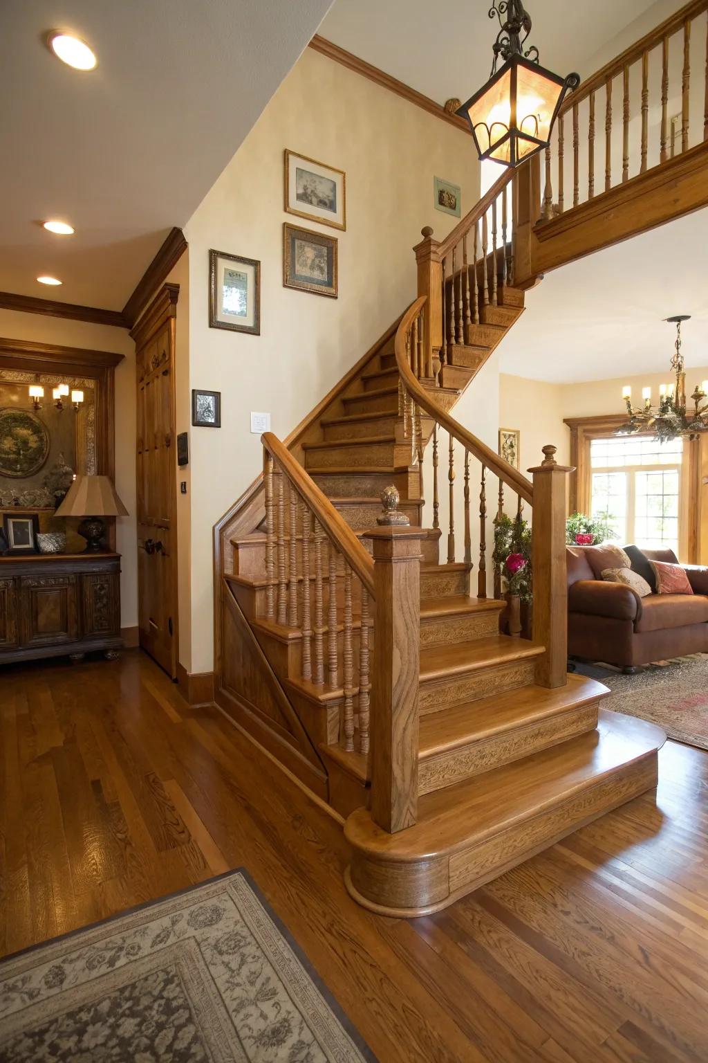 A timeless wooden staircase that adds warmth and elegance to any home.