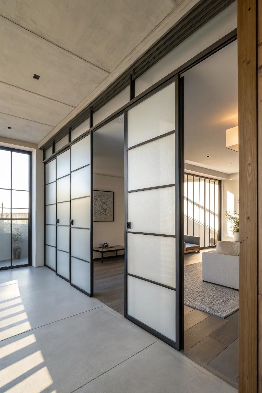 Frosted glass doors offer privacy without sacrificing natural light.