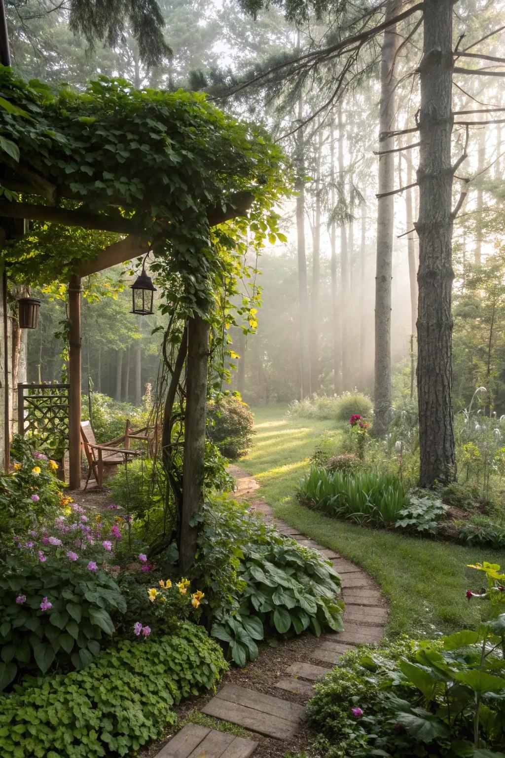 A secret garden adds an element of surprise to your backyard forest.