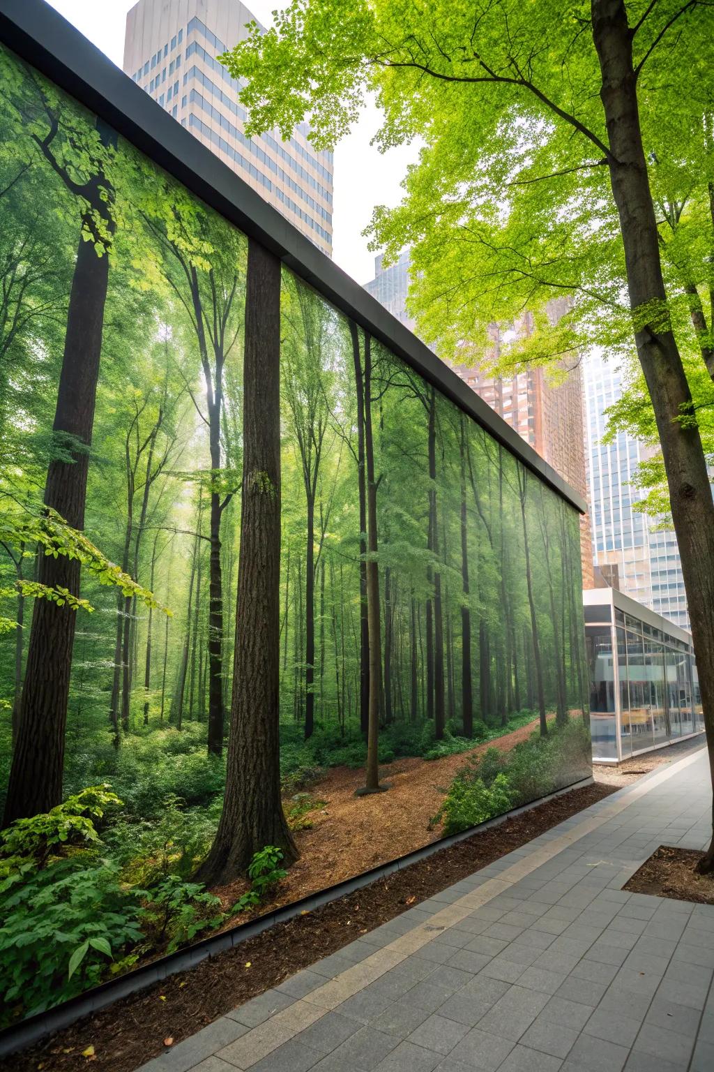 A forest mural creates a serene and natural atmosphere.