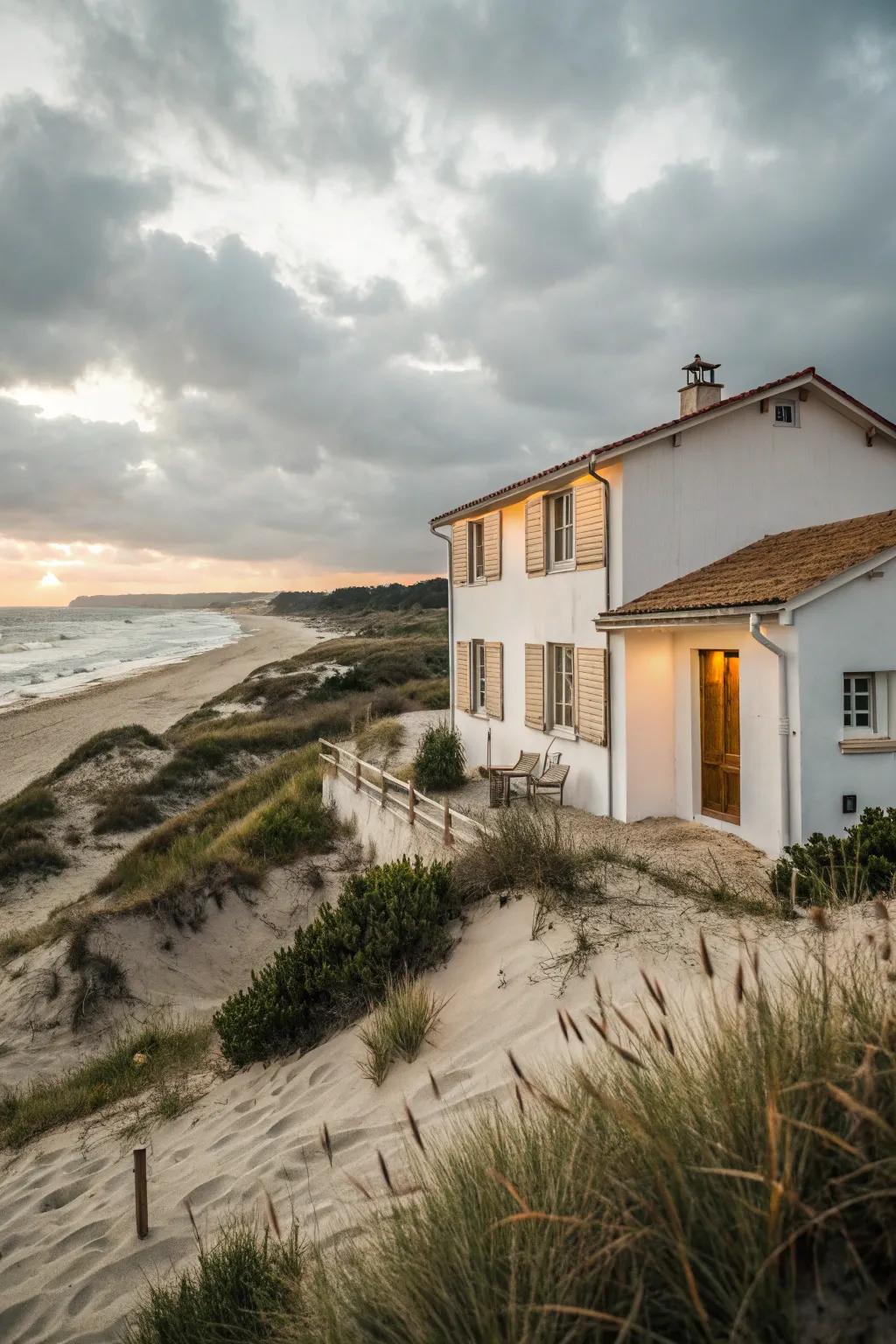 Beige shutters create a warm and coastal feel for this charming house.
