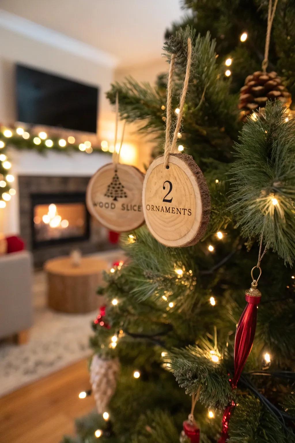 Wood slice ornaments add a personal and rustic touch.