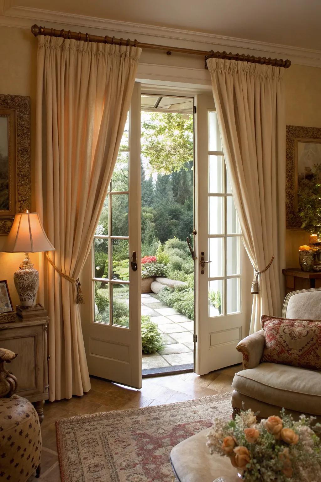Soft tan curtains bringing warmth and coziness to the French doors.