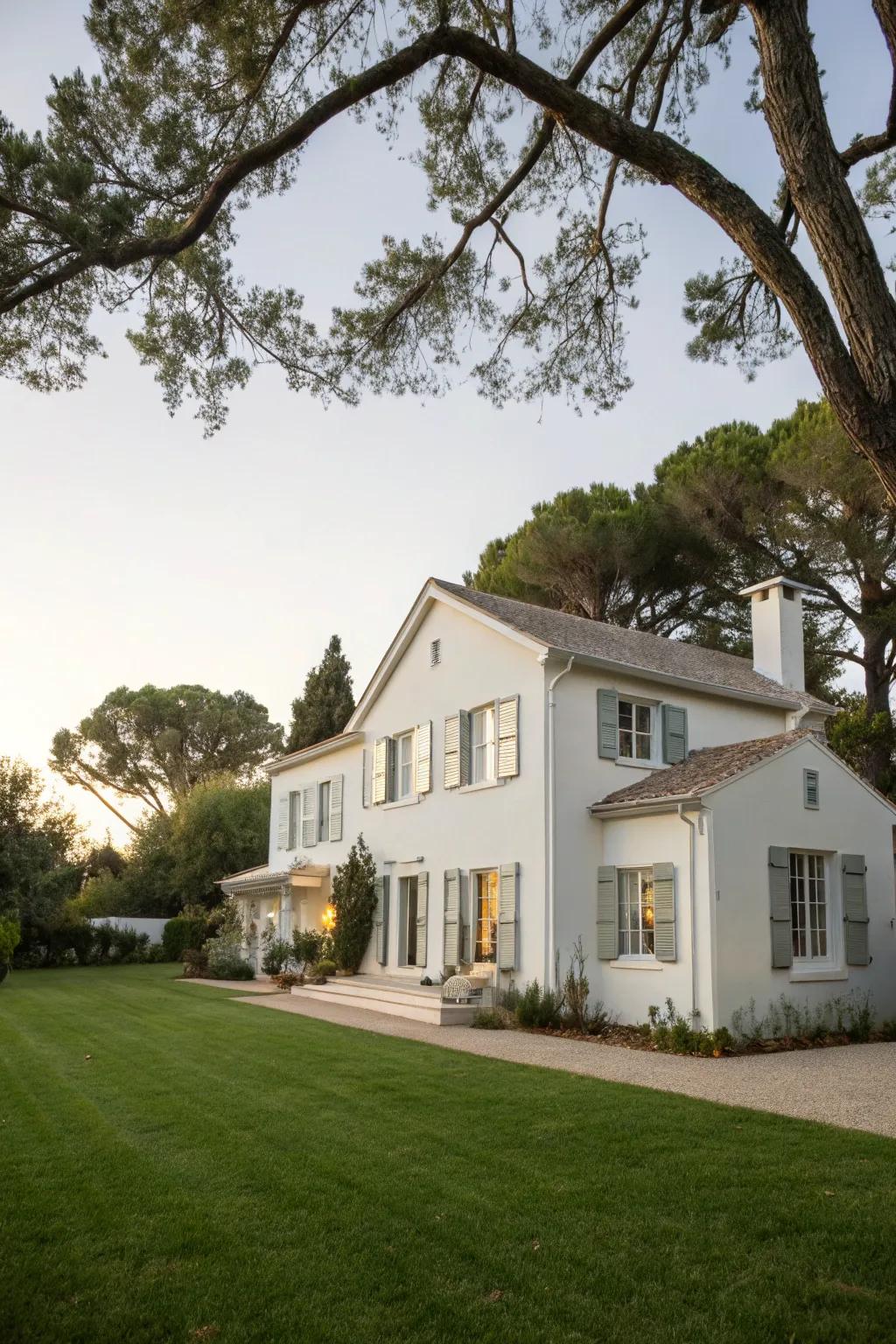 Taupe shutters offer a sophisticated and understated look to this classic home.