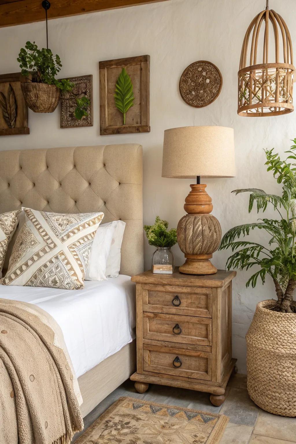 Natural elements complement the beige headboard in a harmonious setting.