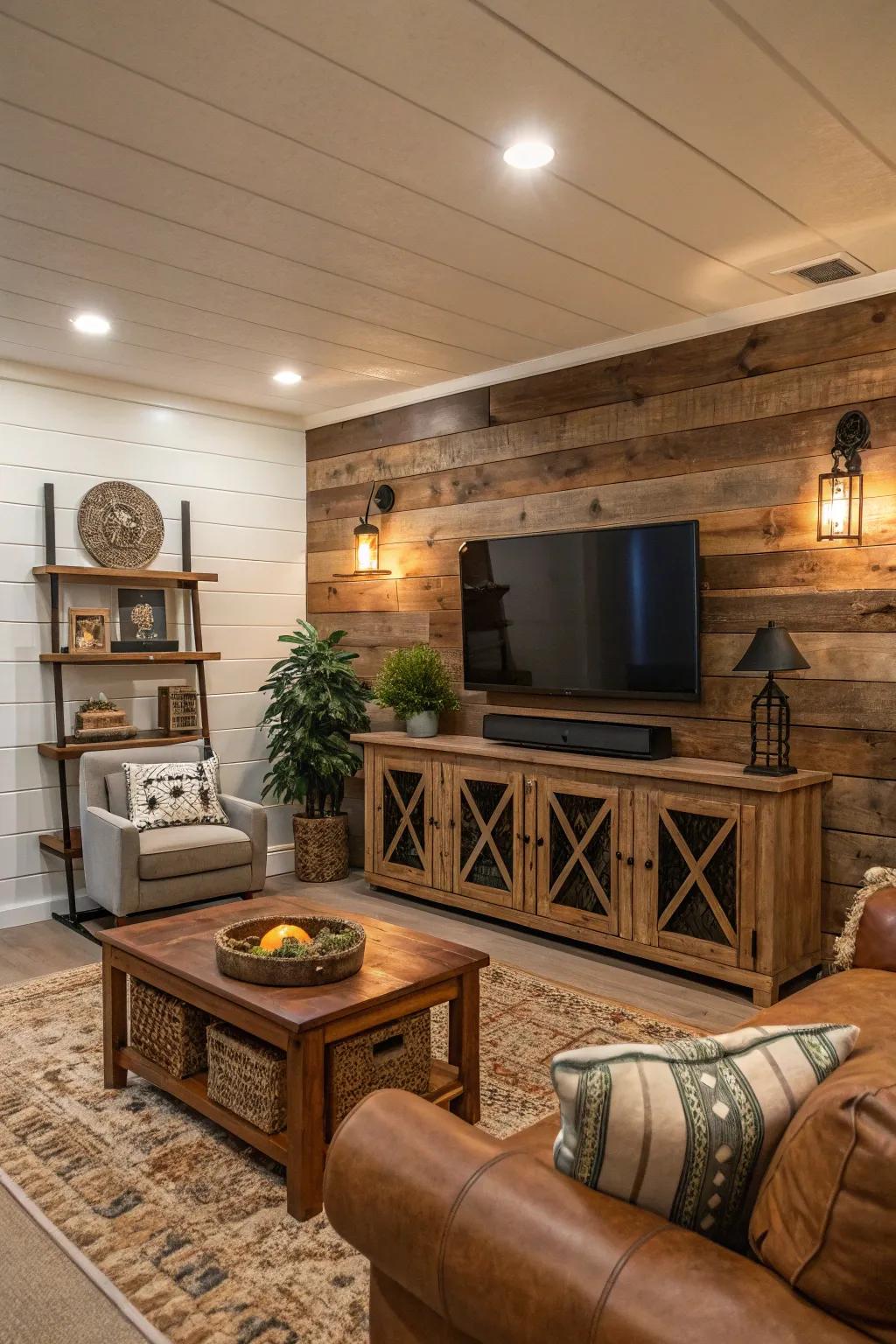 Shiplap wood panels bring rustic warmth to this inviting living room.