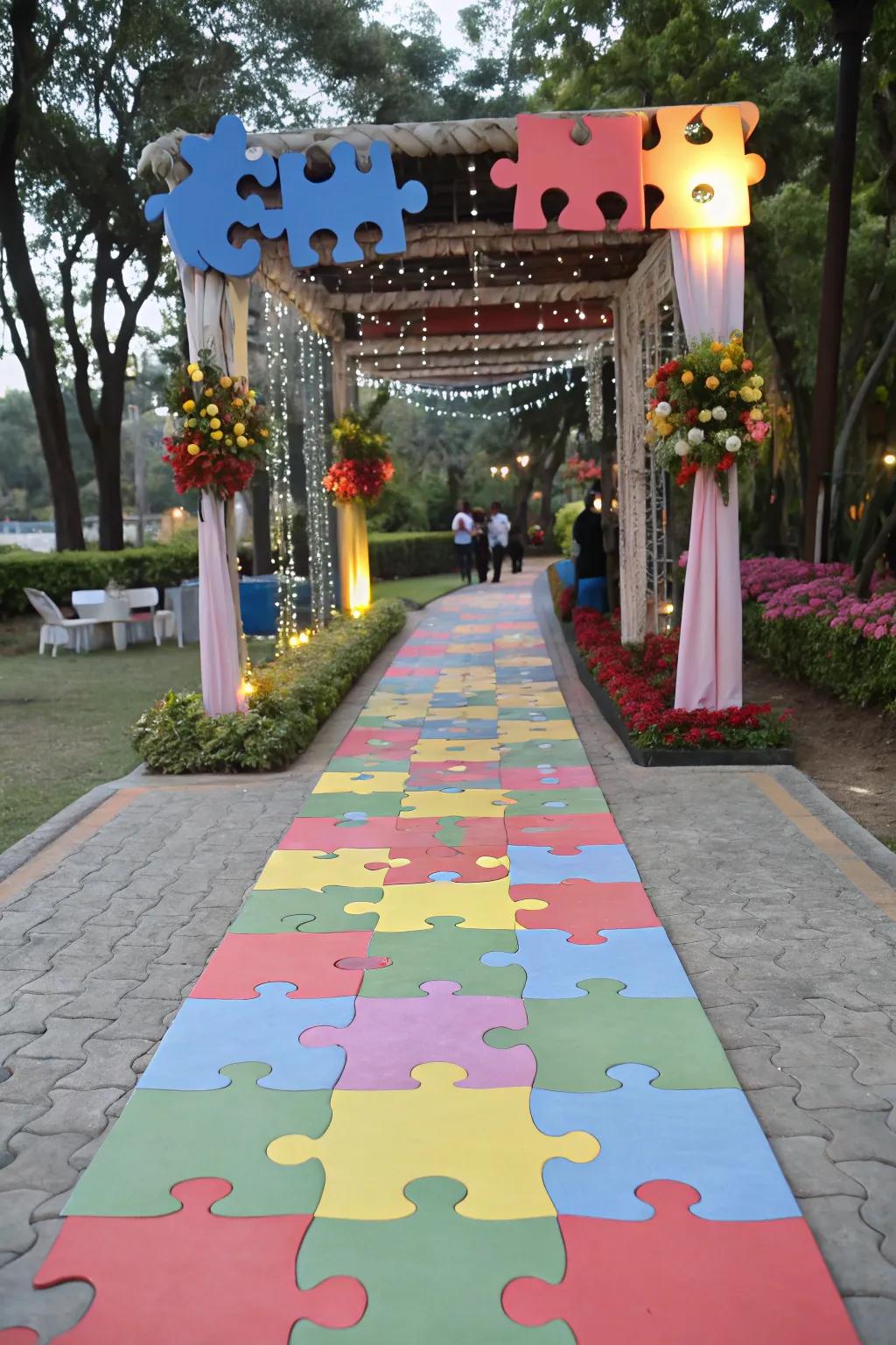 A puzzle piece pathway is a welcoming and thematic way to guide guests to your party.