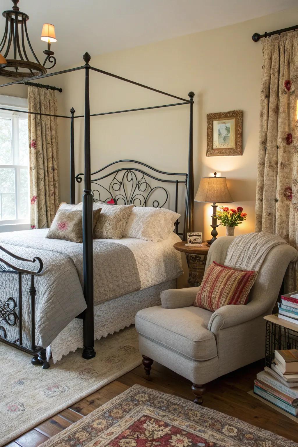 A cozy nook transforms the bedroom into a multifunctional space.