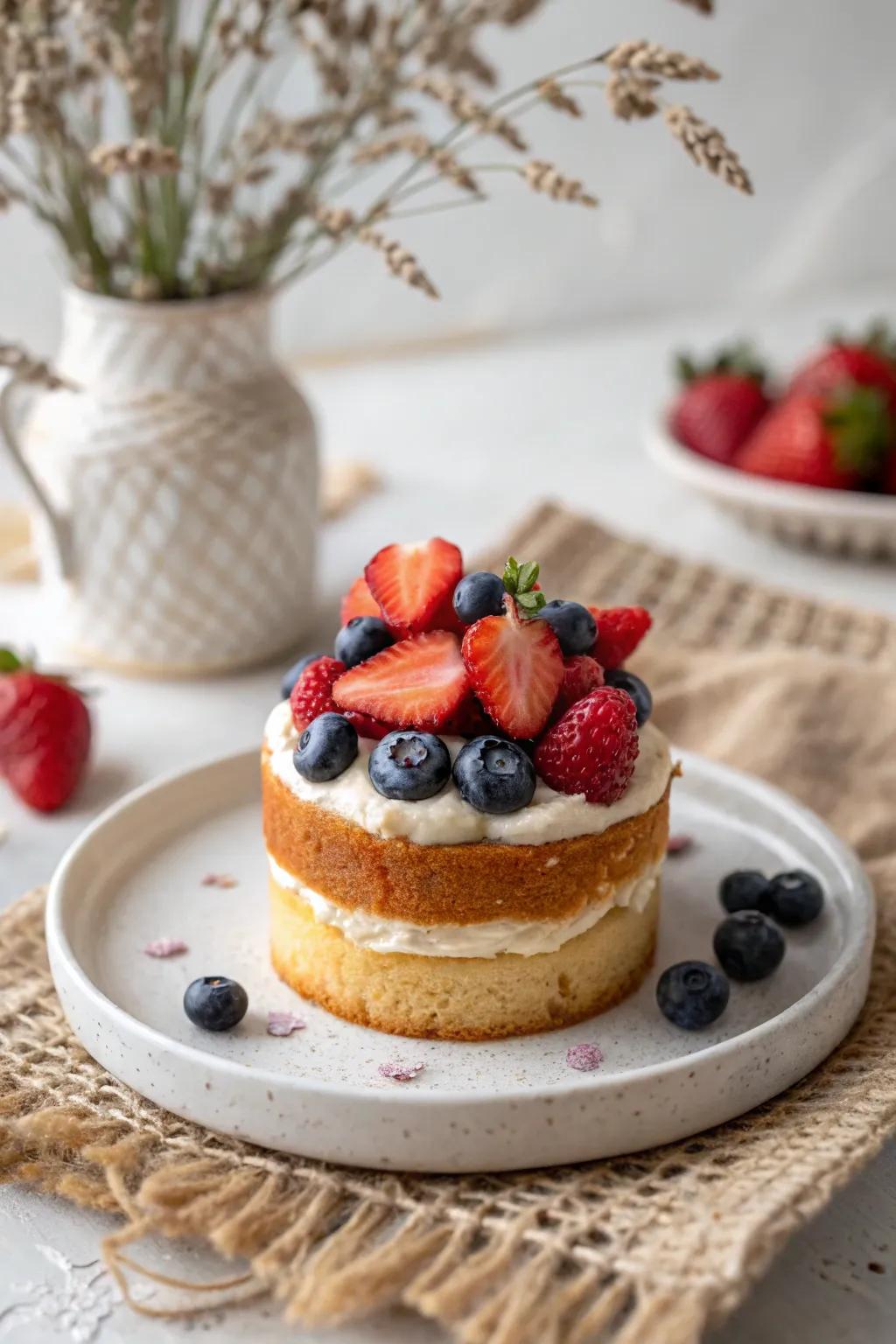 Savor the simplicity and elegance of a fruit-infused mini cake, perfect for a refreshing Mother's Day treat.