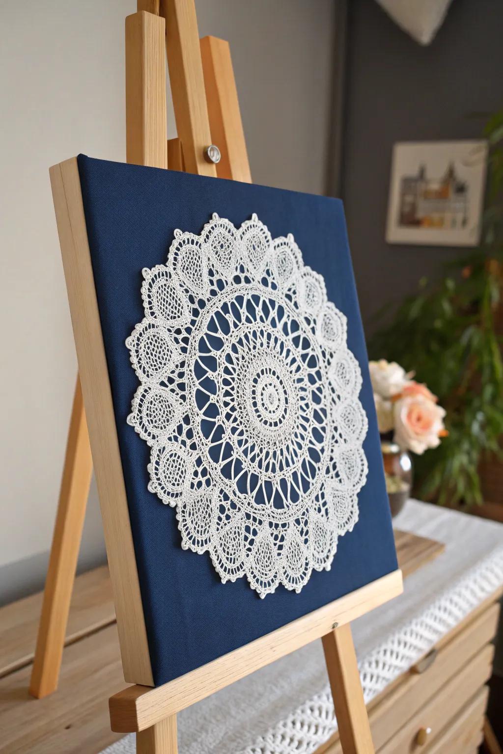 Elevate your space with the elegance of doily art against a rich navy backdrop.