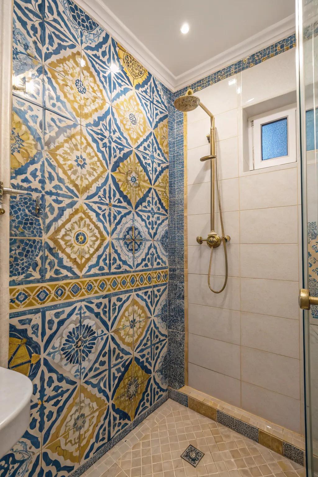 Blue and gold tiles create stunning visual interest in the shower.