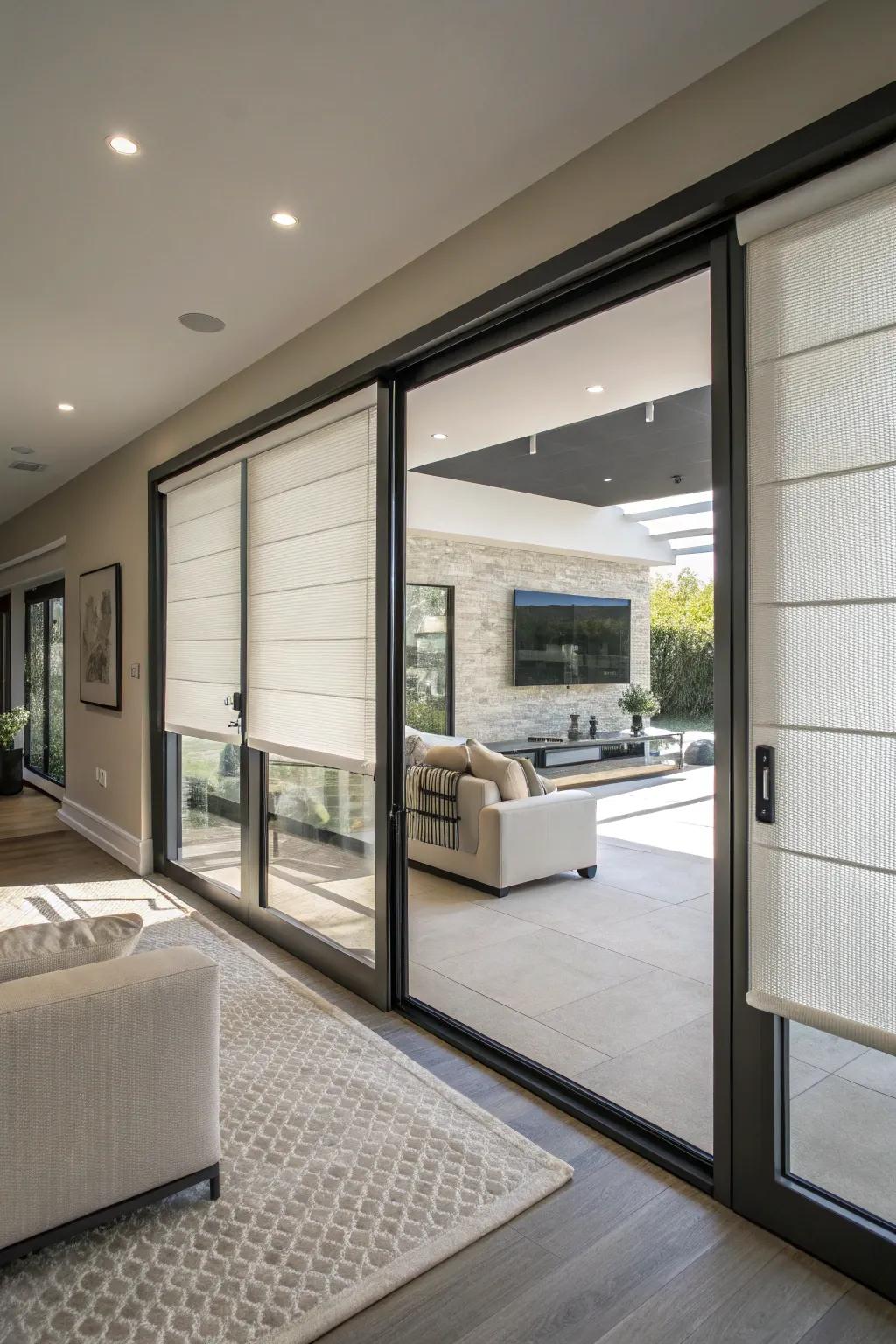 Motorized shades providing convenience and style to French doors.