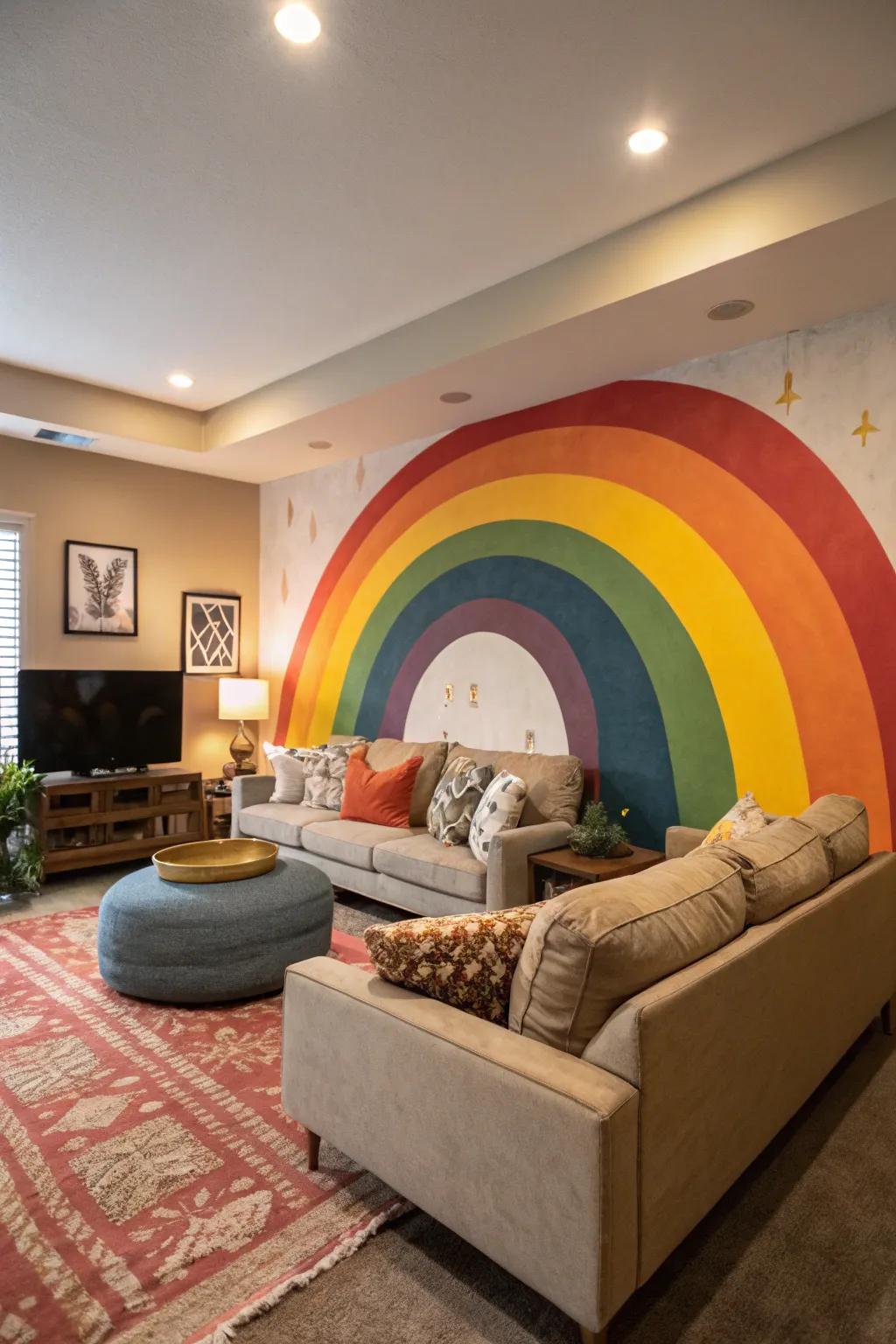 A bold rainbow mural makes a lively statement in the living room.