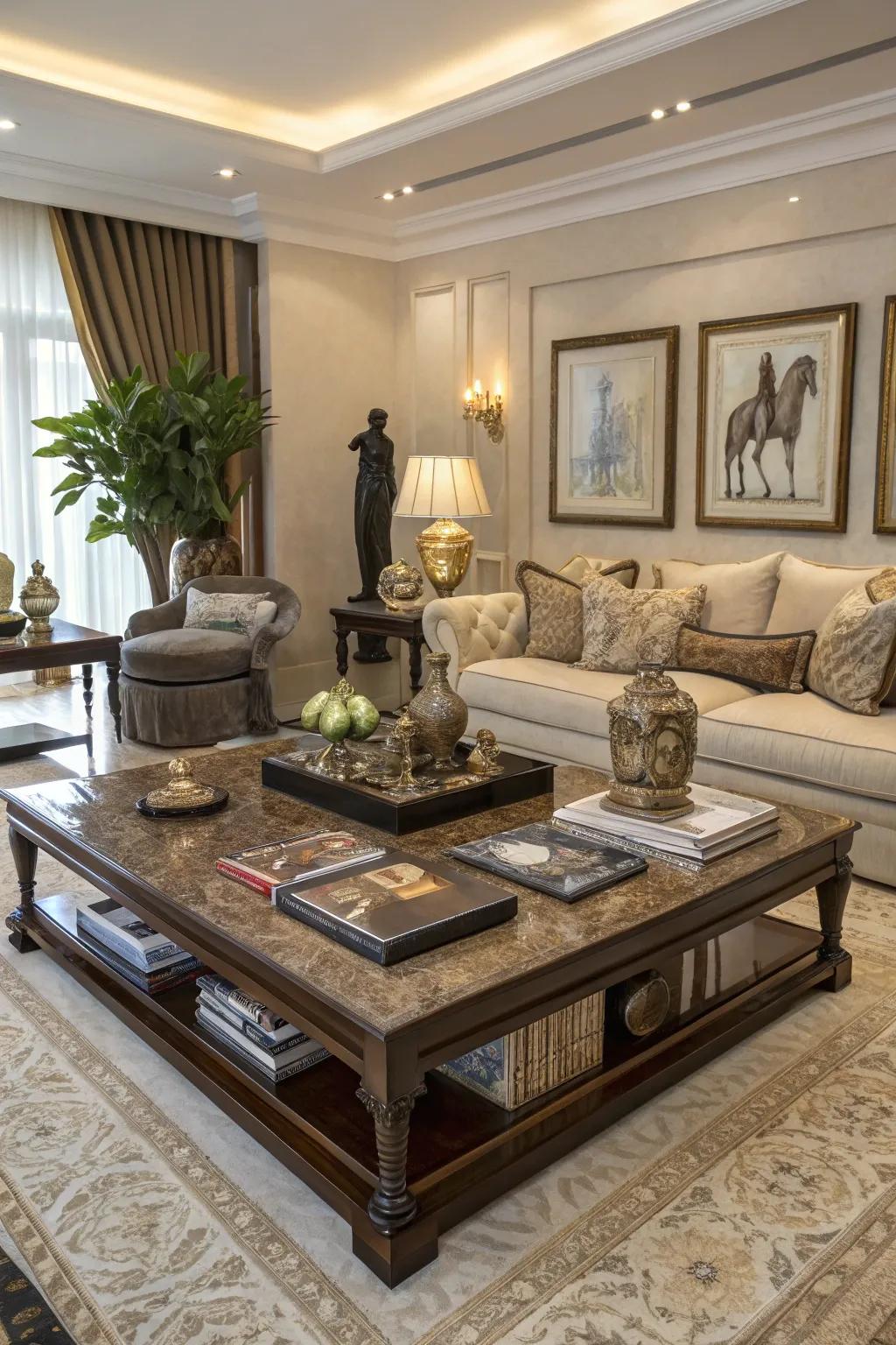 Art and sculptures on a coffee table add sophistication and personal flair.