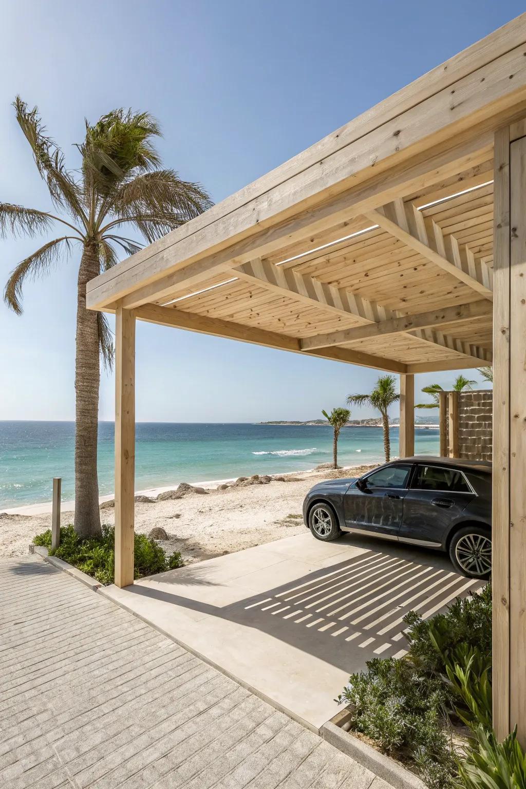 Coastal relaxation with a beachside-inspired wood carport.