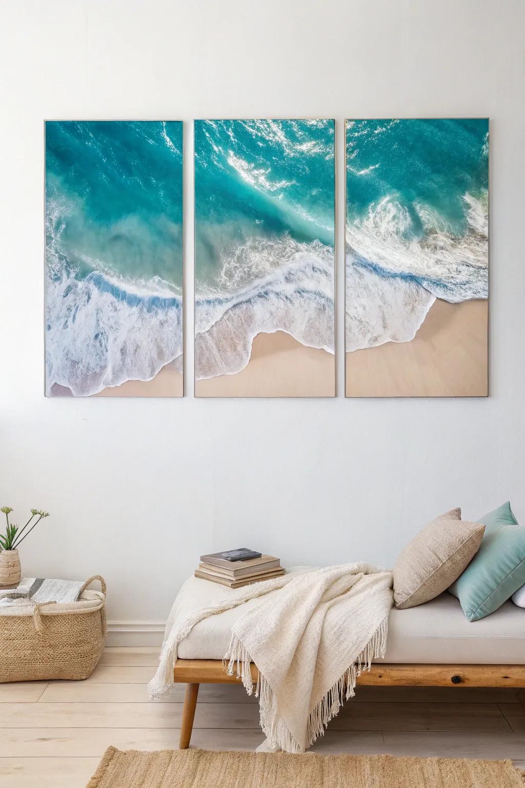 Dive into tranquility with this stunning oceanic triptych, perfect for bringing coastal calm to your space.