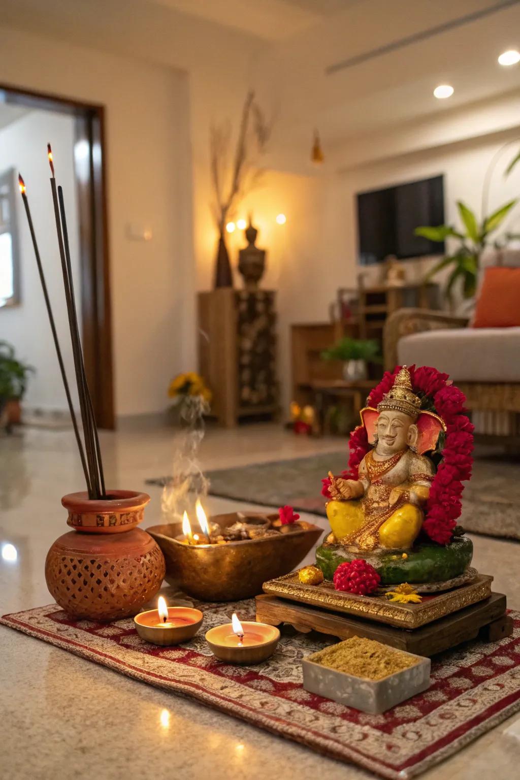 Traditional diyas and incense sticks bring an authentic touch to this Ganpati setup.