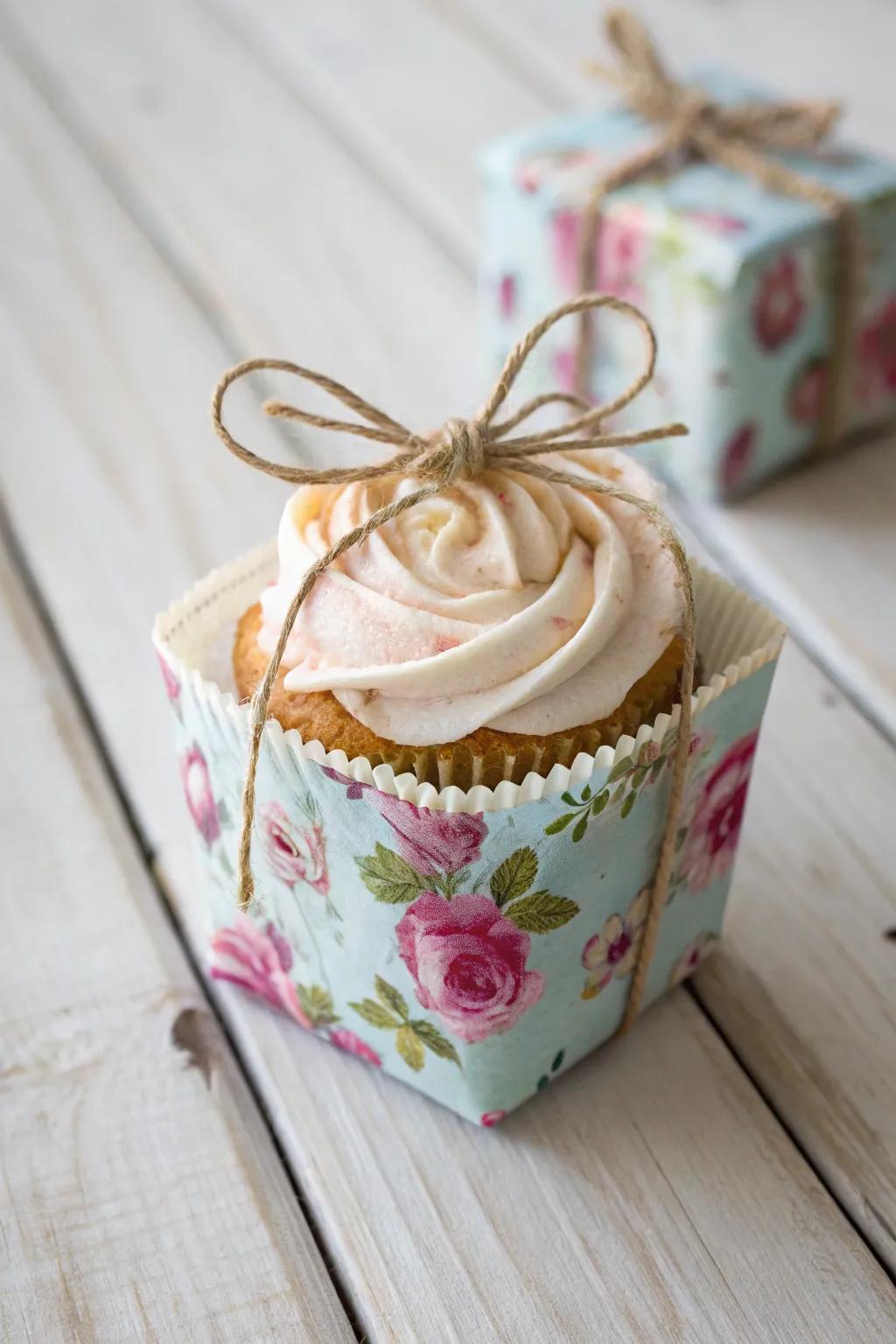 Elevate your cupcake gifting with charming fabric wraps, blending rustic elegance with eco-friendly flair.