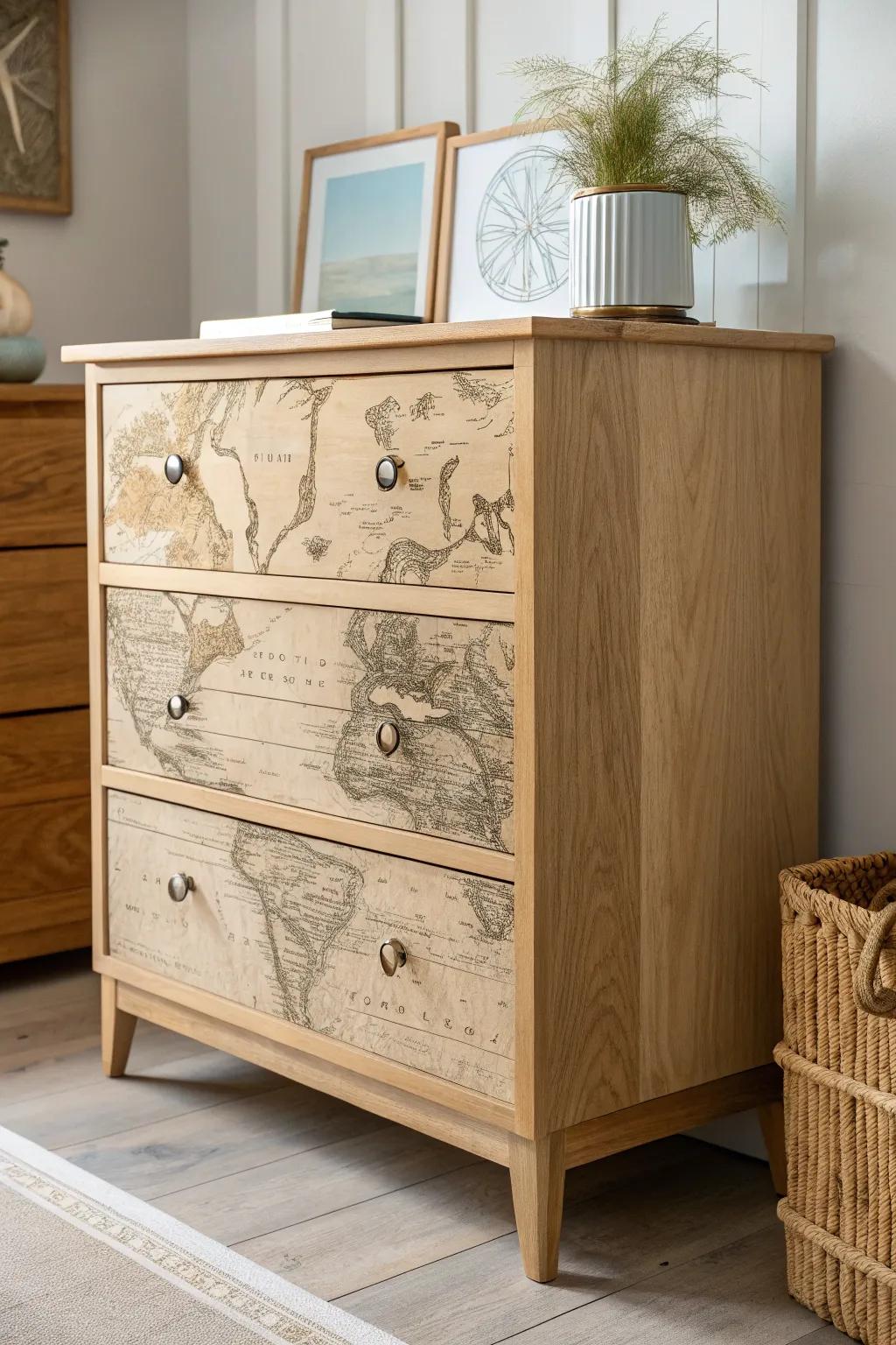 Explore the world from your room with this decoupage delightâwhere vintage maps meet Scandinavian elegance.