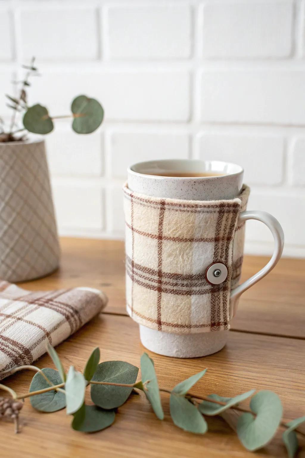 Upcycle your mornings with a cozy flannel coffee sleeve.