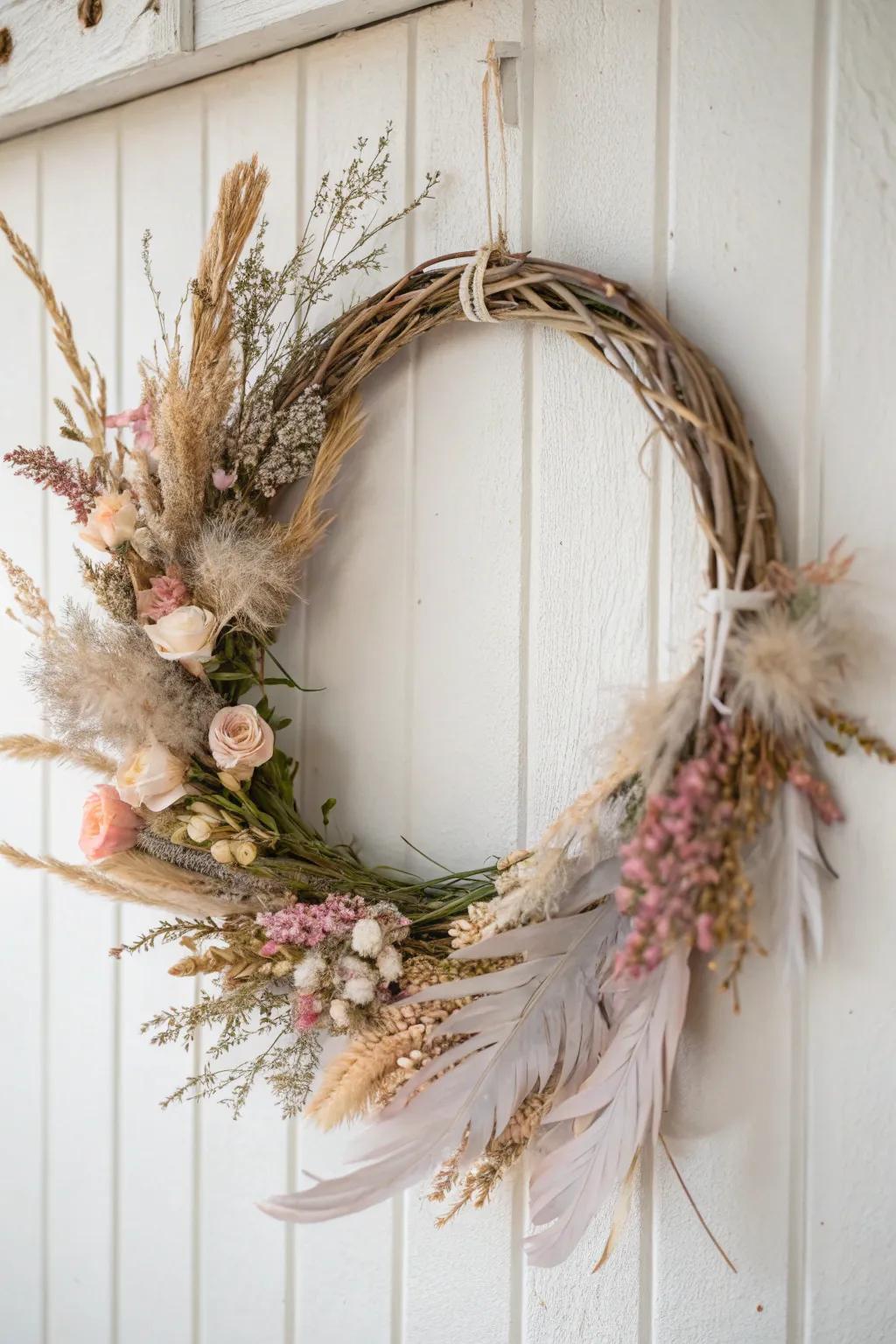 Embrace boho elegance with a wildflower and feather wreath that captures the essence of natural beauty.