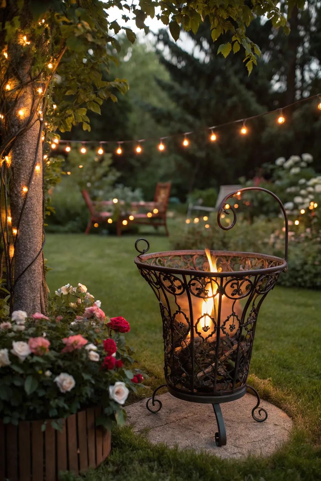 A vintage fire pit basket, creating a romantic atmosphere for outdoor dining.