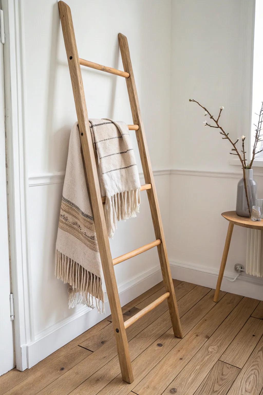 Elevate your small space with a chic ladder storage solution, blending Scandinavian simplicity and Boho charm.