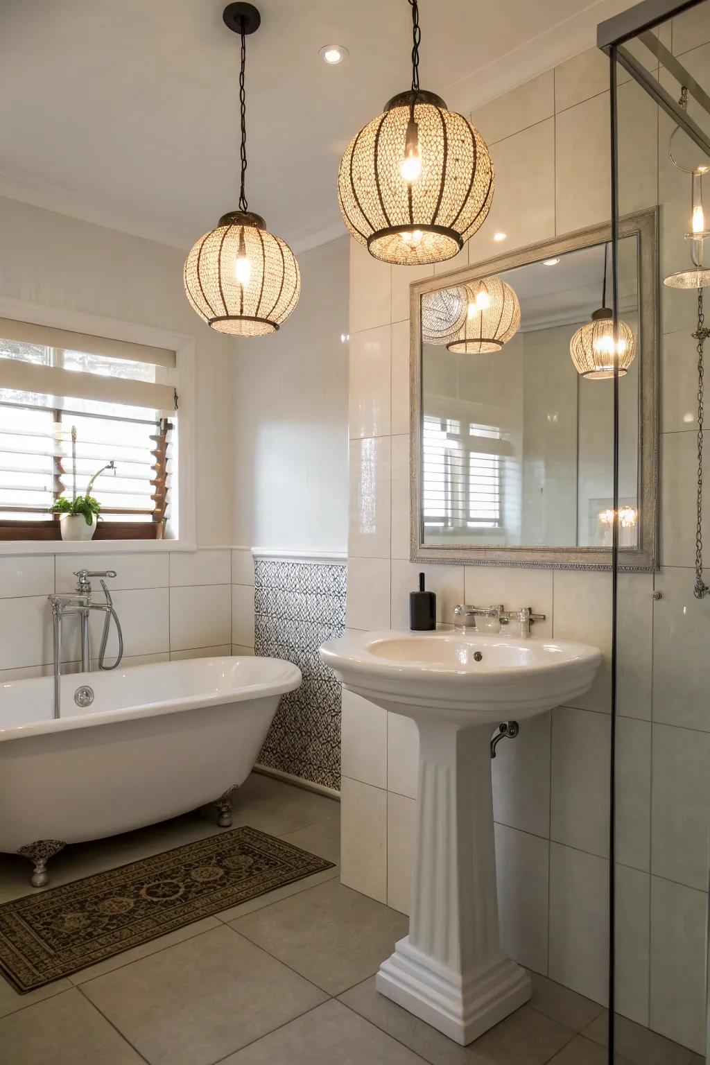 Warm lighting enhancing the pedestal sink area.