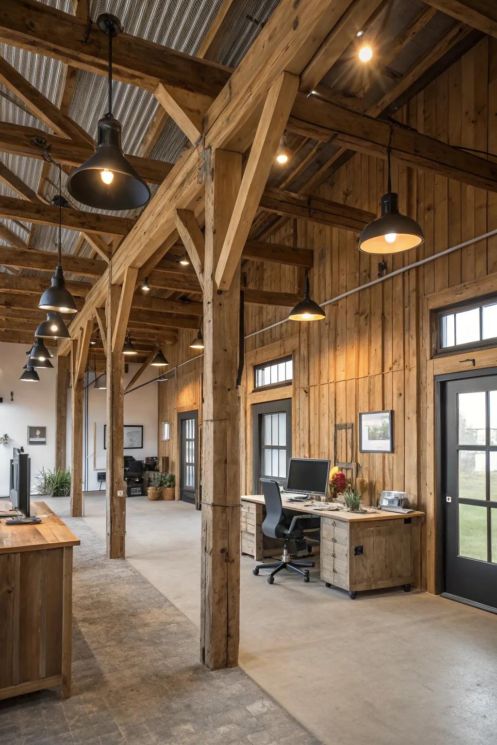 Exposed beams add rustic charm to a pole barn office.