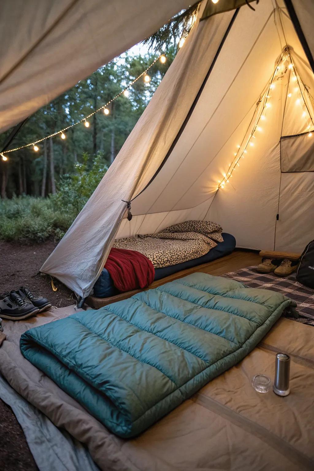A cozy fleece blanket and sleeping bag combo, perfect for comfortable camping nights.