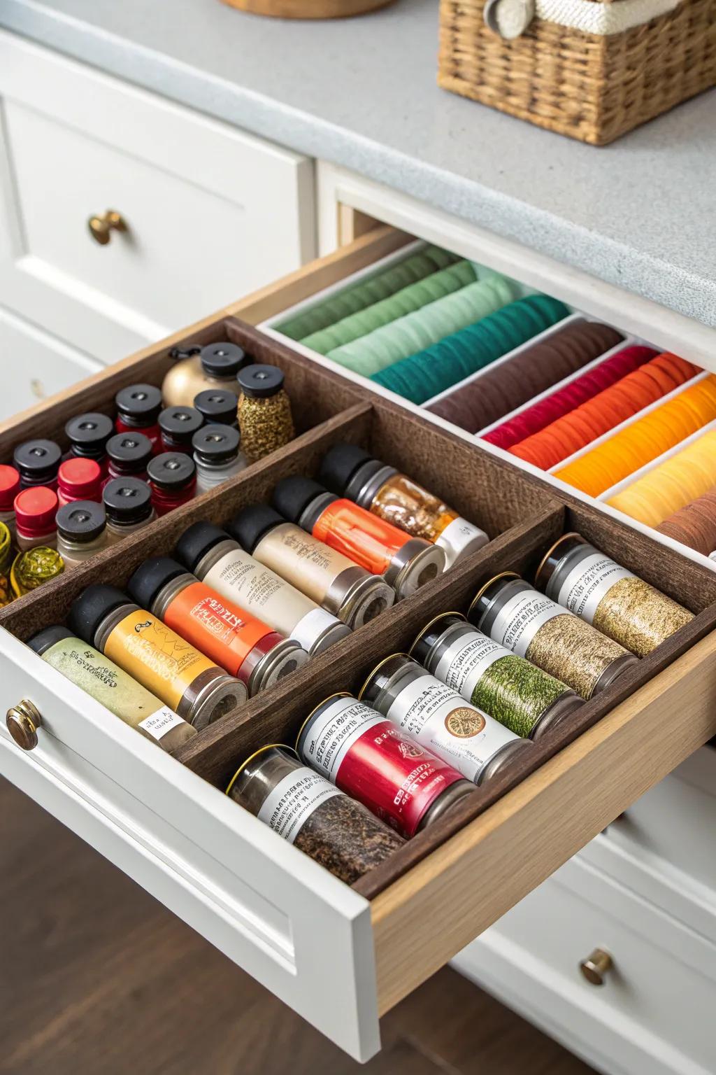Spice drawer insert keeping threads organized in a compact drawer.