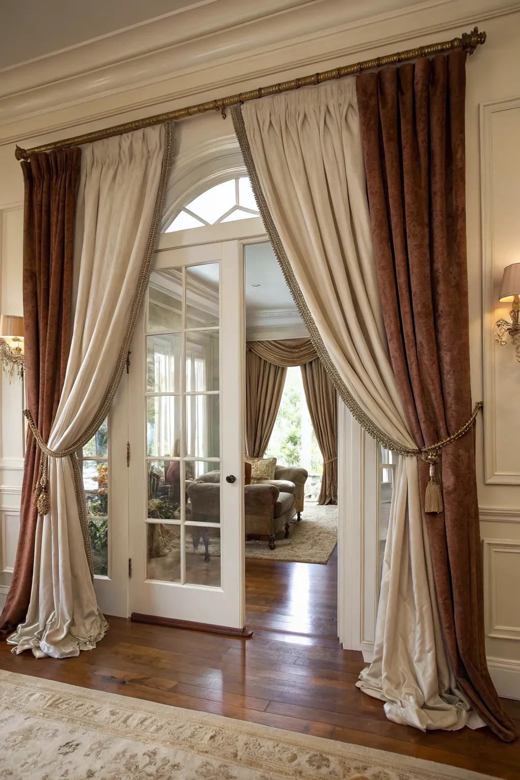 Layered silk and velvet curtains adding depth to French doors.