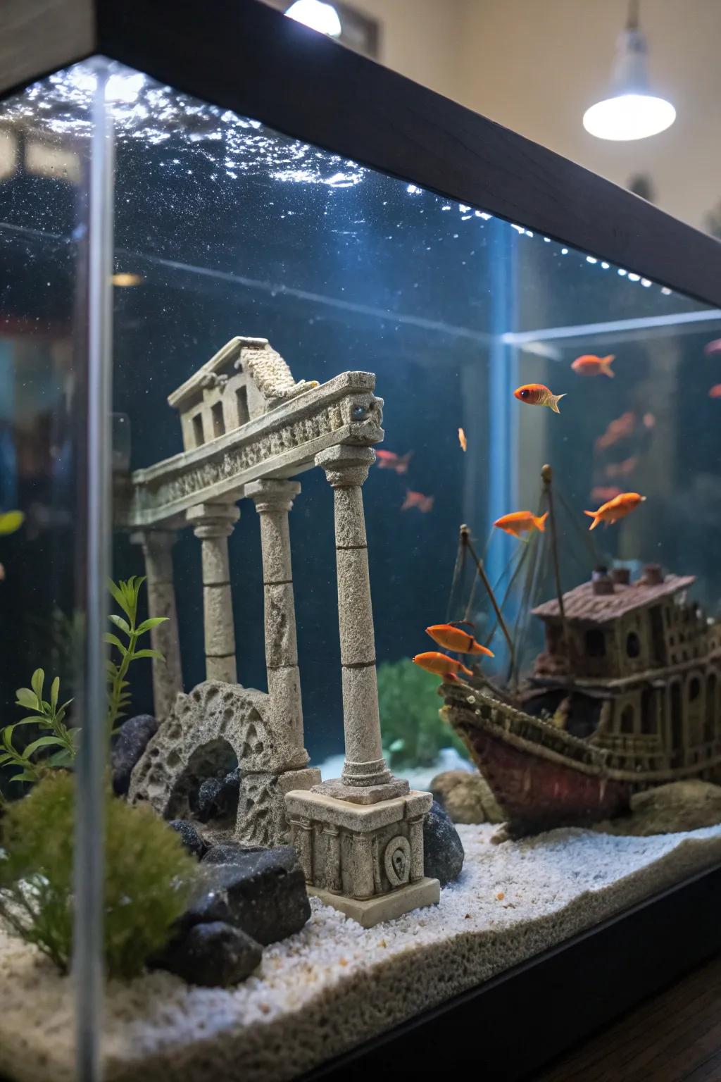 Ornaments create an adventurous theme for this tank.