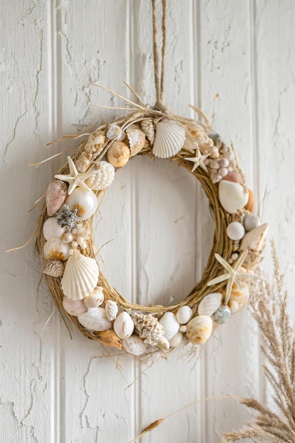Bring the beach home with a handcrafted seashell wreath, a perfect blend of minimalist elegance and boho charm.