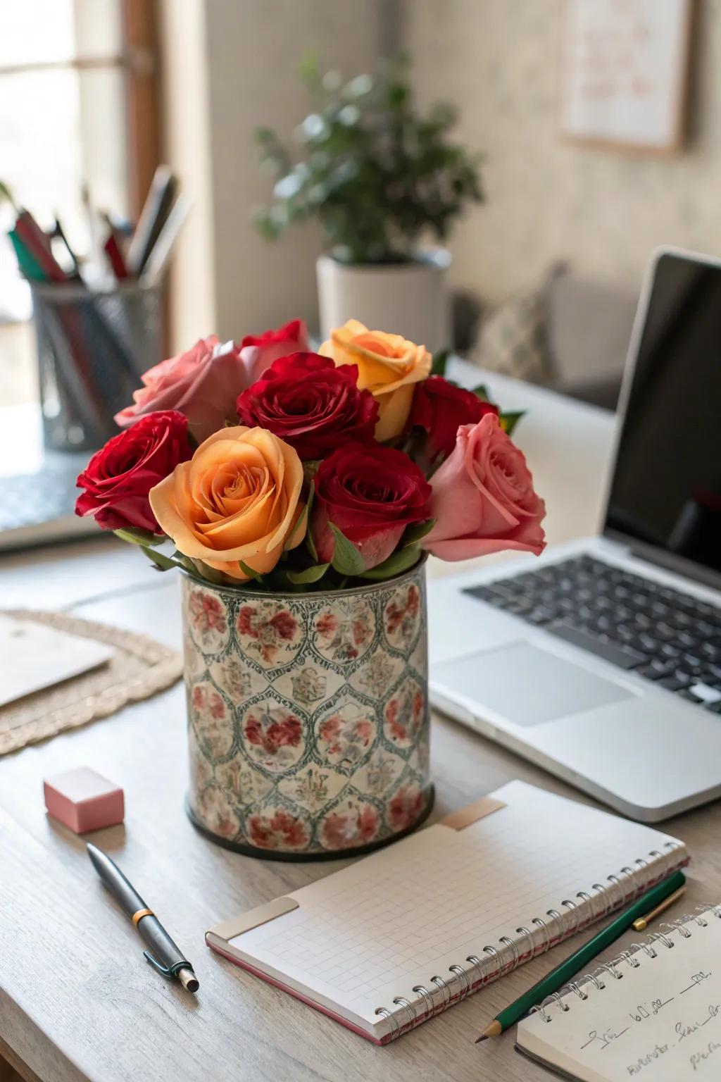 Roses in a vintage tin add a quirky, charming twist to decor.