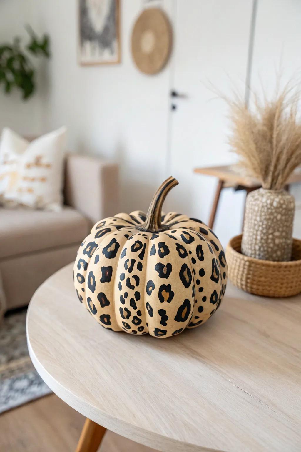 Unleash your wild side with this chic leopard print pumpkin, perfect for adding a touch of fierce elegance to your autumn decor.