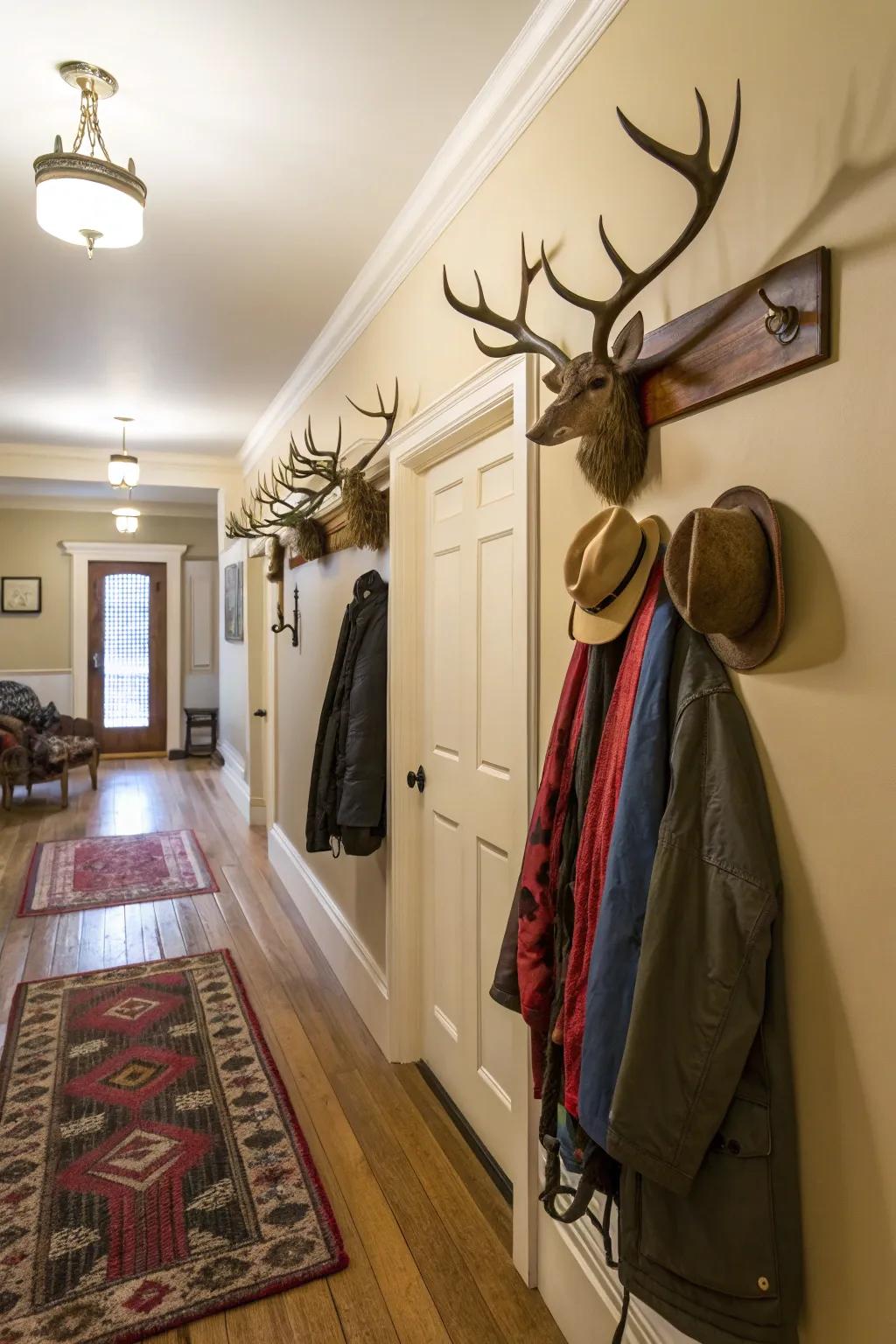 Add sculptural interest with deer antler wall hooks.