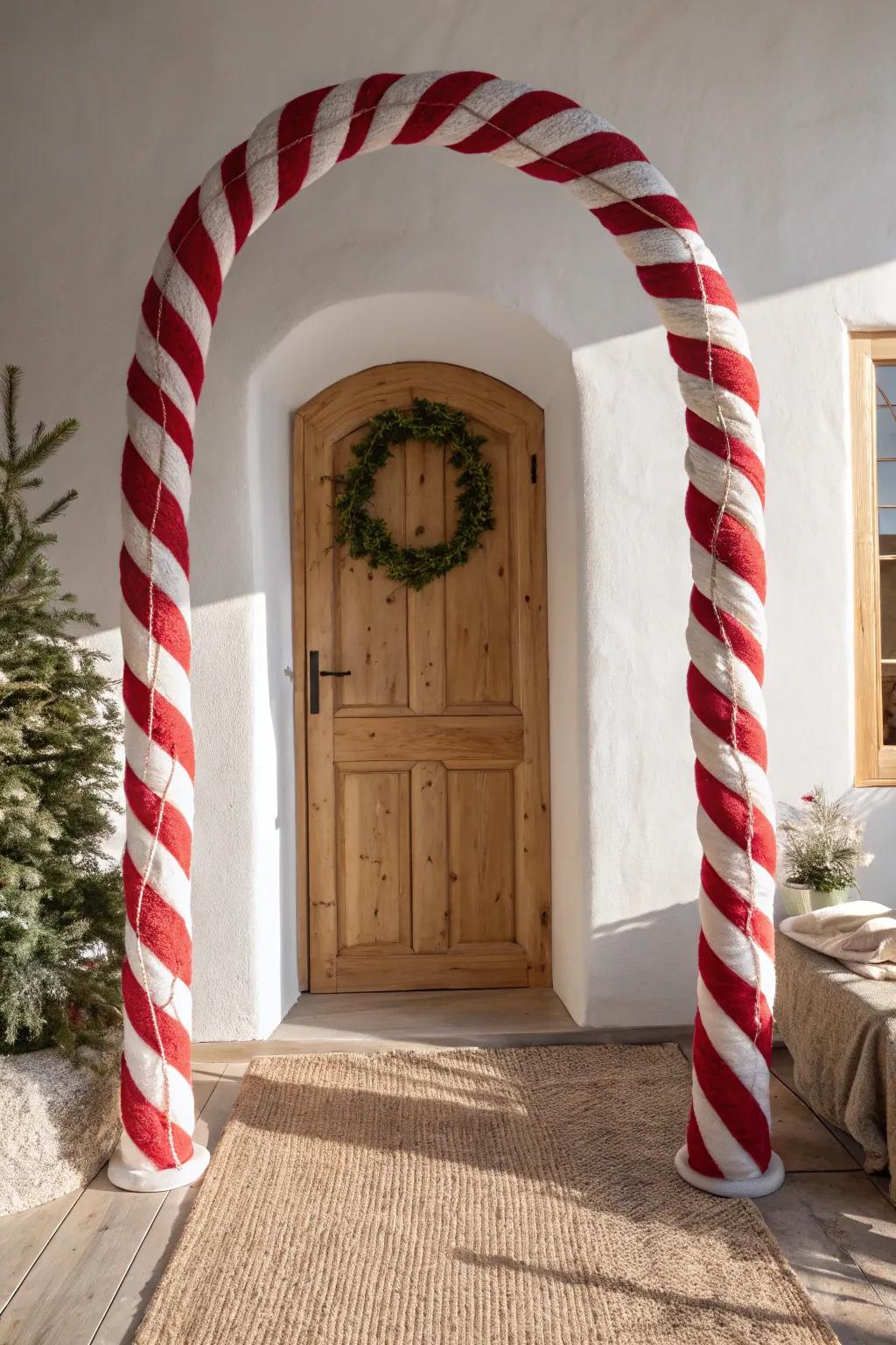 Step into holiday magic with a stunning candy cane archway, blending Scandinavian minimalism with a Boho twist.
